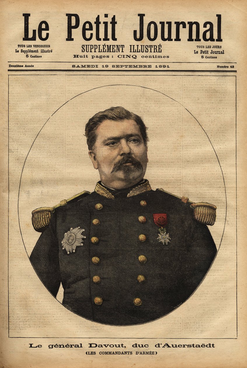 Leopold Davout tábornok, Auerstaedt hercege (1829-1904), a francia Armee vezérkari főnökének portréja, aki részt vett III. Napóleon (1808-1873) francia-porosz háborújának (1870) katasztrófájában. Metszet a „” Le petit journal”-ban 1891.09.17. Selva c alkotó: Unknown artist