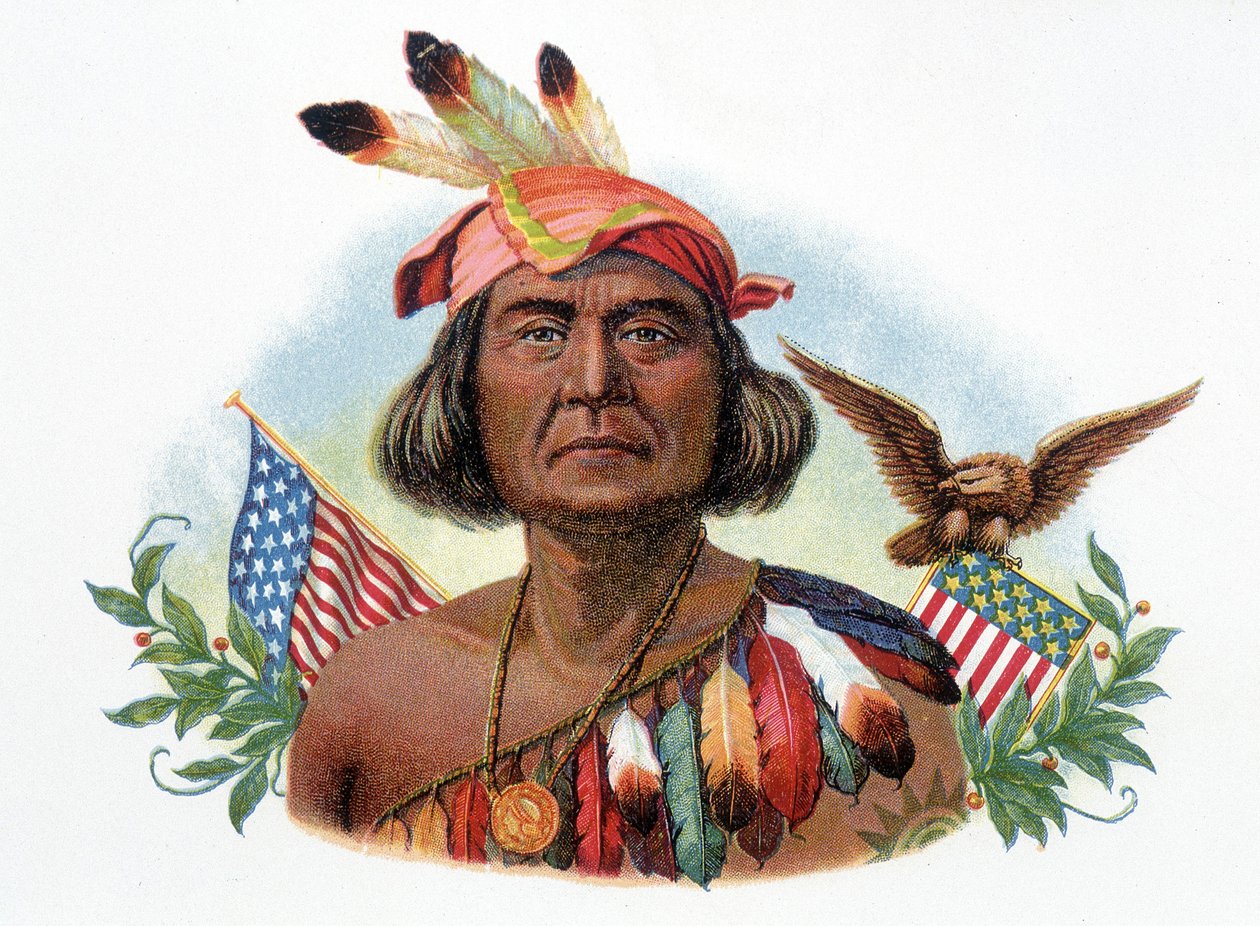 Geronimo, apacs szakács portréja az amerikai zászlók előtt. századi kromolitográfiája. alkotó: Unknown artist
