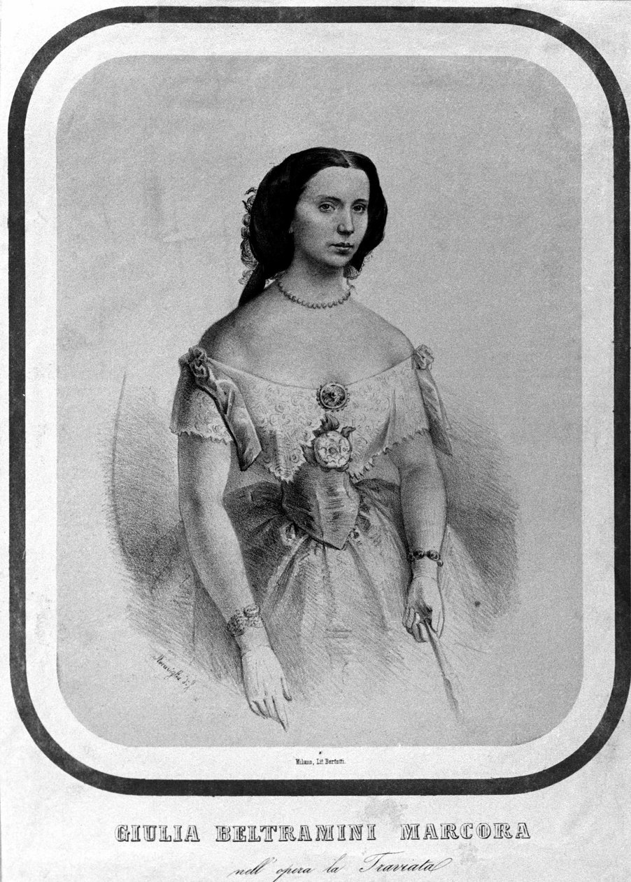 Giulia Beltramini Marcora portréja a „La traviata” című filmben, Giuseppe Verdi. század végi litográfia. alkotó: Unknown artist