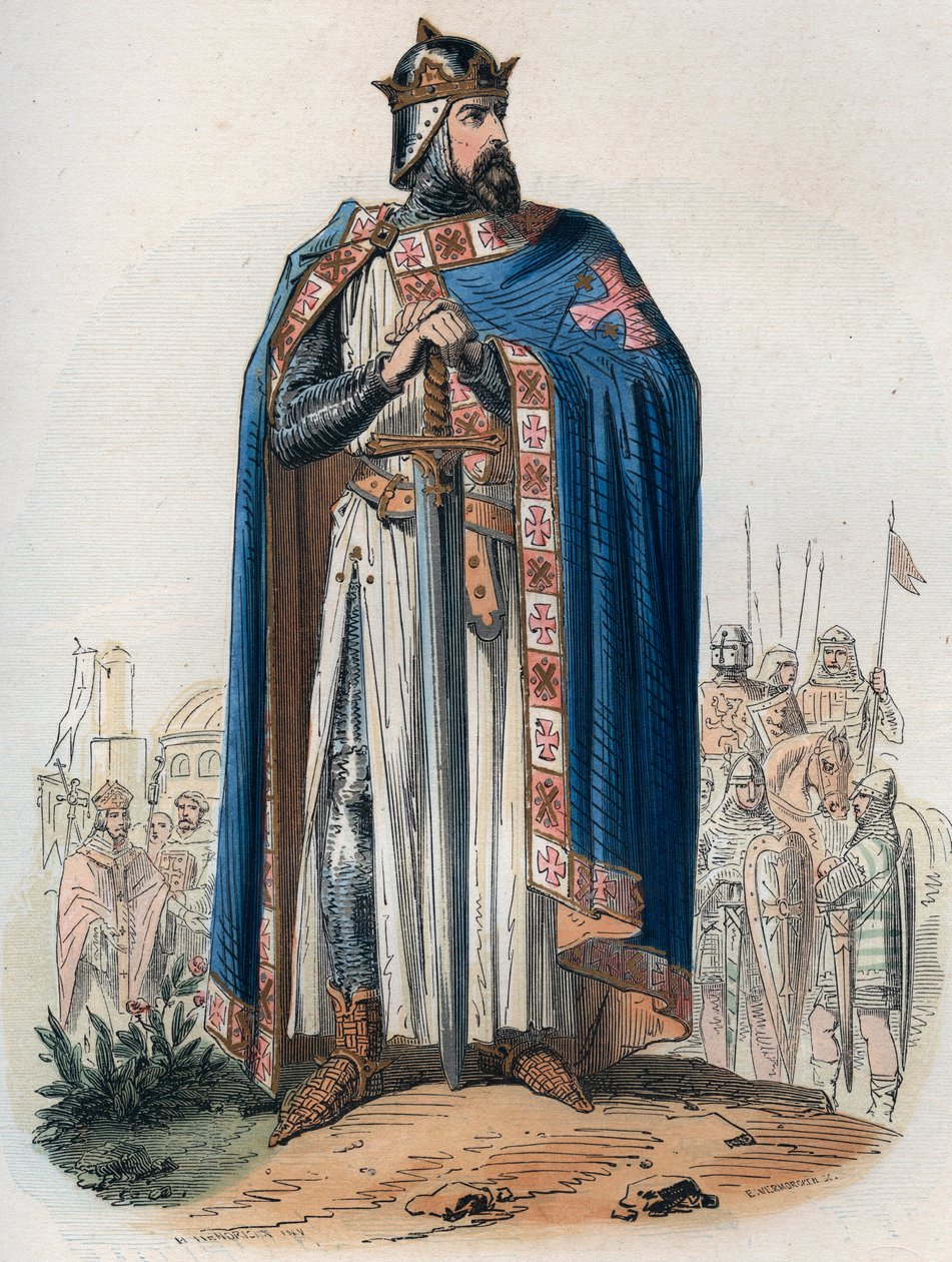 Godefroy (Godefroi) de Bouillon (1061-1100) keresztruhás portréja. Metszet 1868-ból Theodore Juste (1818-1888) „Histoire de Belgique from primitive times to the end of the regne I. Lipót” című művében. Magángyűjtemény. alkotó: Unknown artist
