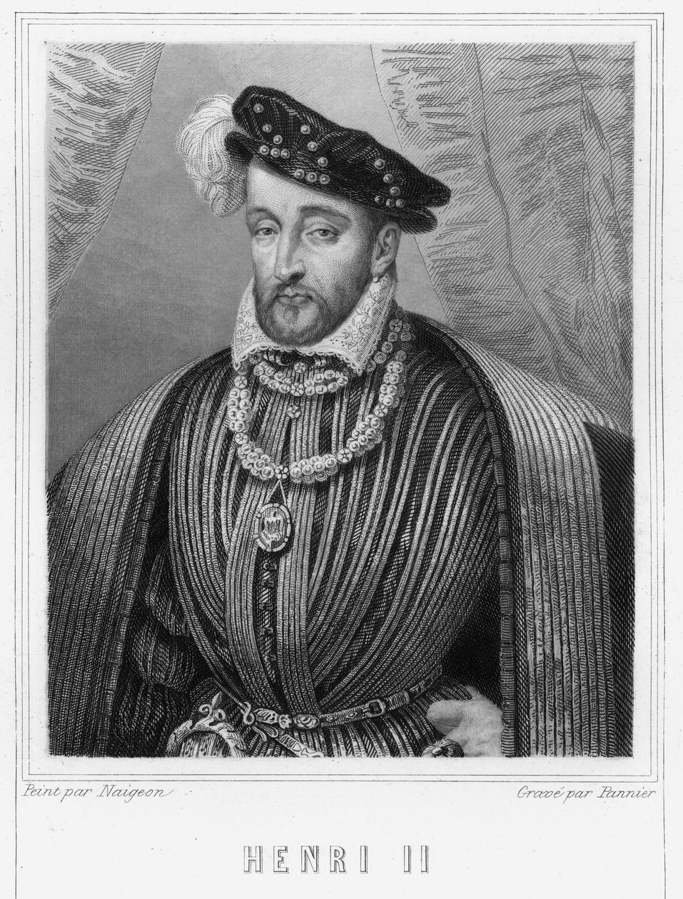 II. Henrik (1519 - 1559), francia király portréja - Lavallée „Histoire des Français”-jában, metszet, sd. alkotó: Unknown artist