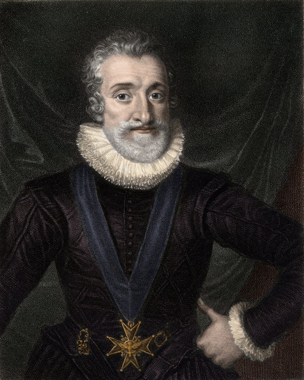 IV. Henrik (1553-1610) francia király portréja, a Szentlélek-rend (Szentlélek rend) jelvényének nyakláncával - IV. Henrik (Navarrai Henrik vagy Bourbon) (1553-1610), a Szentlélek Rend jelvénye - engravin alkotó: Unknown artist