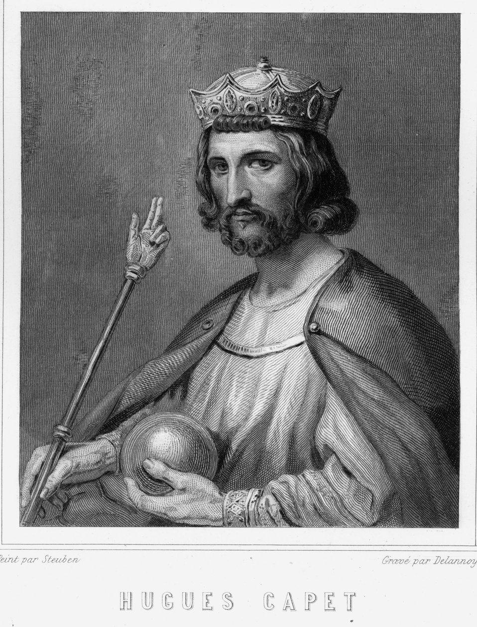 Hugues I Capet (v. 941 - 996), francia herceg, majd francia király portréja - Lavallée „Histoire des Français”-jában, metszet, sd. alkotó: Unknown artist
