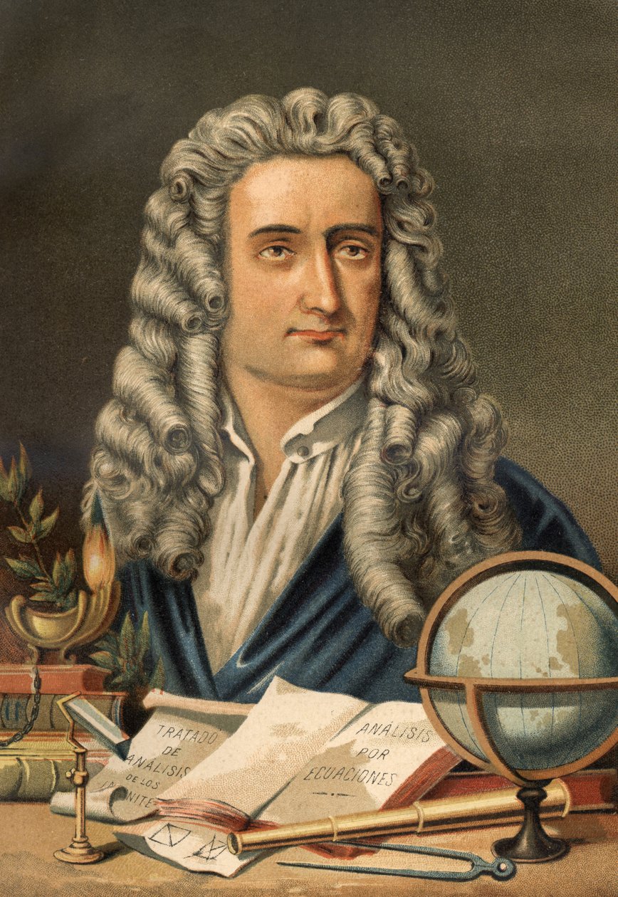 Isaac Newton (1642-1727) angol matematikus, fizikus és csillagász portréja. Louis Figuier „Tudomány és emberei” című könyvéből. Barcelona 1881 alkotó: Unknown artist