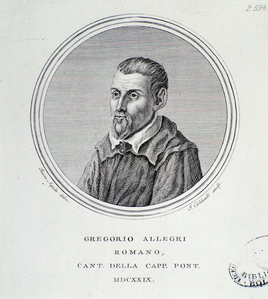 Gregorio Allegri (1582-1652) olasz zeneszerző portréja. Metszet. 1629. Bologna, polgári bibliográfiai múzeum alkotó: Unknown artist