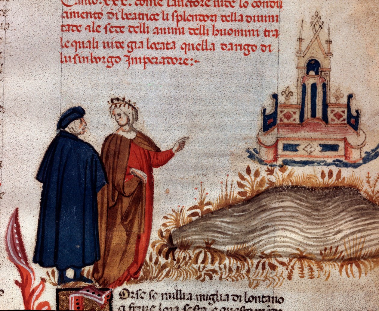 Dante Alighieri olasz költő portréja Vergiliussal, aki VII. Henrik trónját nézi (20. dal a Paradicsomból, az Isteni színjátékban) - Miniatűr alkotó: Unknown artist