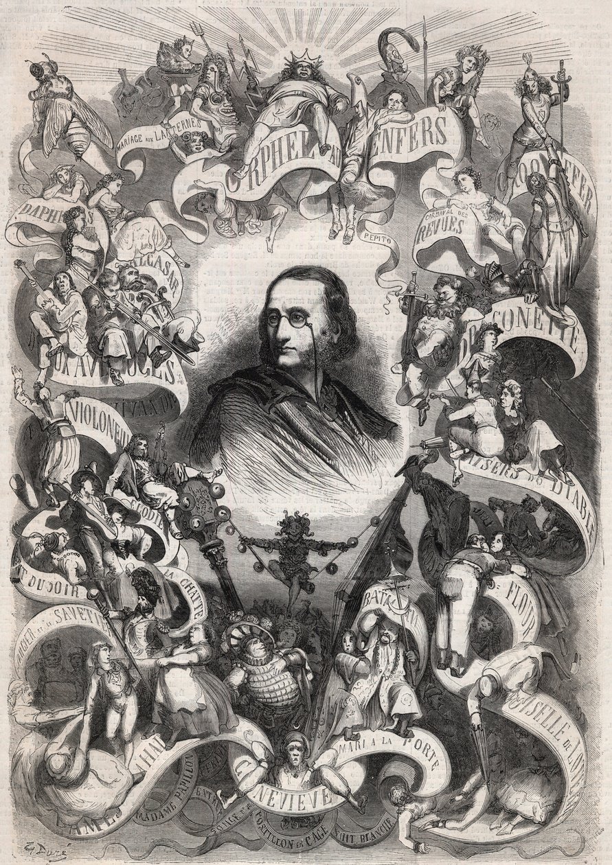 Jacques Offenbach (1819-1880), francia zeneszerző és a Theatre des Bouffes Parisiens igazgatójának portréja műveinek szereplőivel körülvéve – Metszet a „Le Monde Illustré”-ben” alkotó: Unknown artist