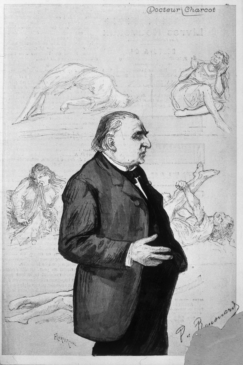 Jean Martin Charcot (1825-1893) portréja hisztériában szenvedő betegeket ábrázoló rajzokkal alkotó: Unknown artist