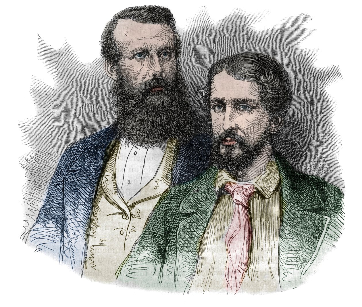 John Hanning Speke brit felfedező és James Augustus Grant brit katona és felfedező portréja. Együtt kutatták fel a Nílus forrásait – metszet a „A nagy utazások festői története a tizenkilencedik században” c. 1877 alkotó: Unknown artist