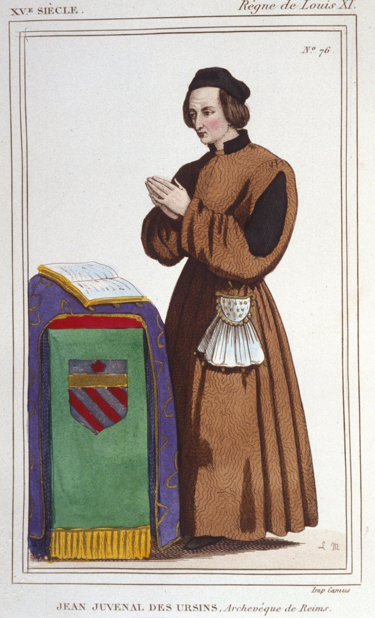 John Juvenal des Ursins portréja: Valódi nevéből Jouvenel. Született 1388-ban (Párizs), meghalt 1473-ban (Reims, Marne), 85 évesen. A következő bevételi forrásokból részesült: Beauvais püspöke, Reims-i érsek, Laon püspöke, papság, attorn. alkotó: Unknown artist