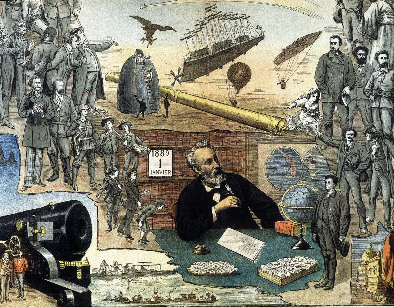 Jules Verne portréja és munkáinak jelenetei - reklámplakát teljes munkáihoz alkotó: Unknown artist
