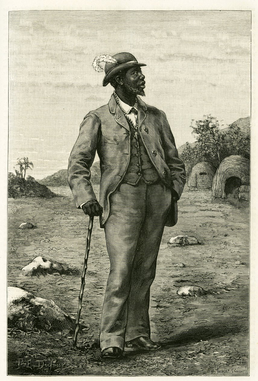 Sepopo zambezei király (a mai Dél-Afrika) portréja európai stílusban, P. Dufour metszetével, Dr. Emile Holub (1847-) „Au pays des Marutses” című történetének illusztrálására 1875-1879-ben. 1902). Megjelent a Tour du monde-ban, 1. 2. félév alkotó: Unknown artist