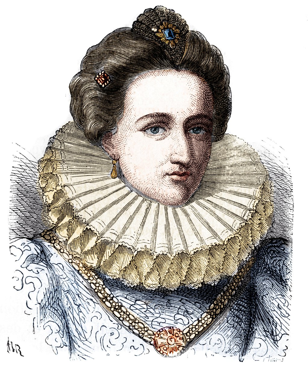 Galigai Leonora Dori (vagy Dosi) portréja, Horgony marechale (1568-1617). Epergallért visel – Henri Martin „” Histoire de France populaire” című művében alkotó: Unknown artist