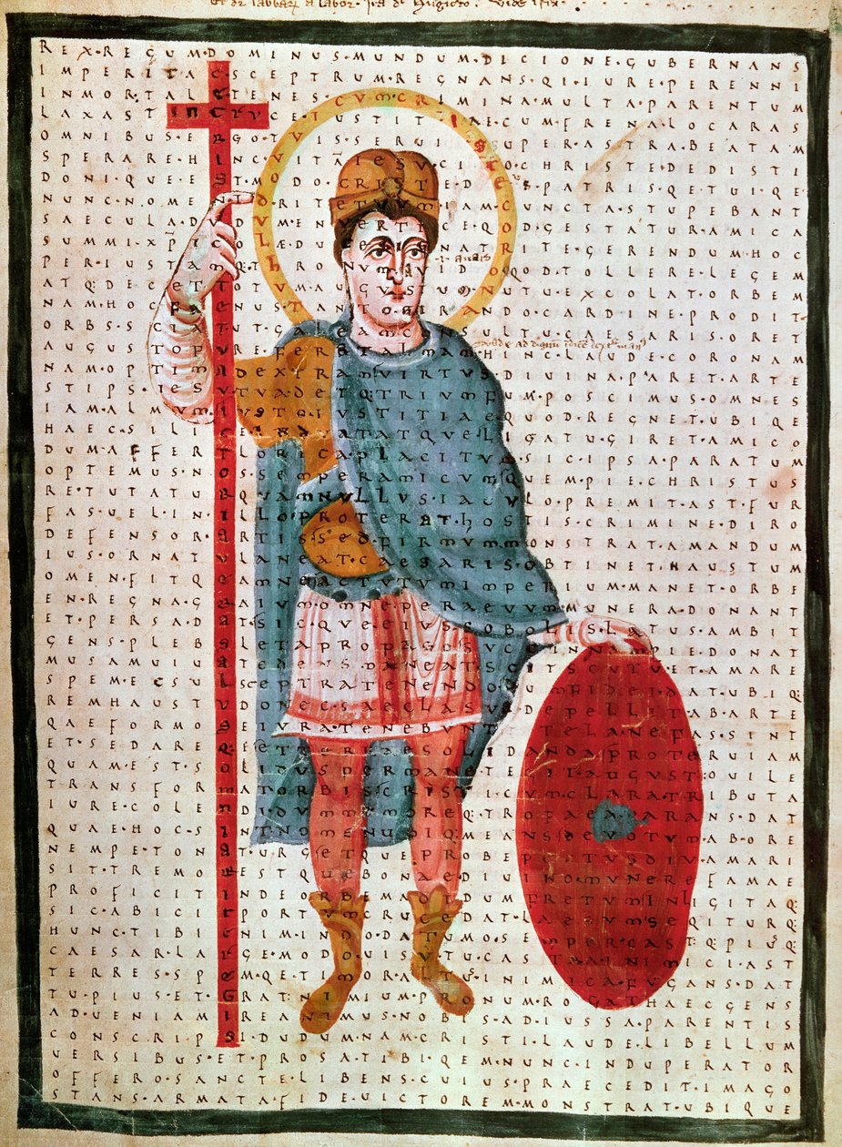 I. Lajos jámbor vagy Debonnaire portréja" (778-840), Franciaország királya"" miniatűr a "Szent Kereszt dicsérete" (vagy Bécsi kódex) című művében, Rabanus Maurus Magnentius (vagy Raban Maur vagy Rabano Mauro) kb. 780-856), 830 Bécs környékén, Osterreichisc alkotó: Unknown artist