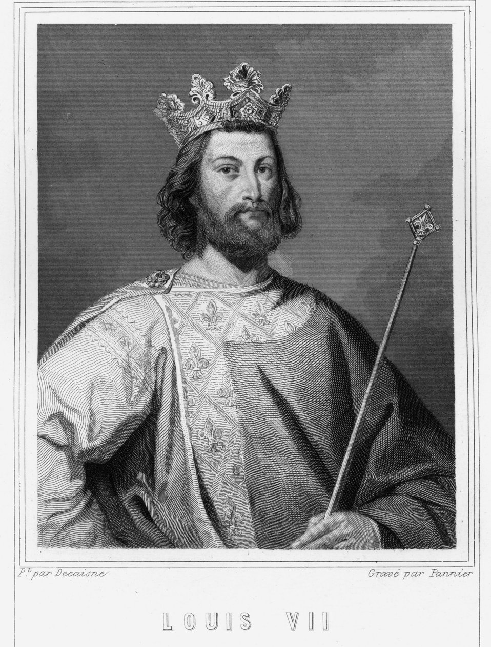 VII. Fiatal Lajos (1120 - 1180), francia király portréja - Lavallée „Histoire des Français”-jában, metszet, sd. alkotó: Unknown artist
