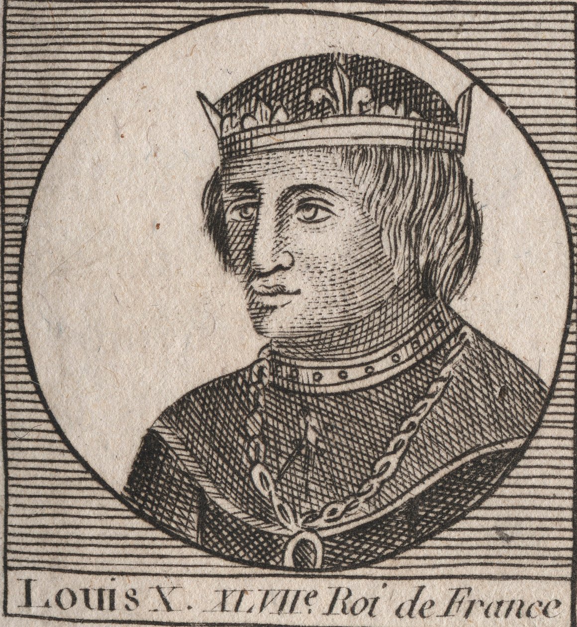 X. Lajos le Hutin (1289–1316), francia király – X. Lajos (1289–1316) Makacs, Franciaország és Navarra királyának – portréja – Charles Constant Le Tellier „Instruction sur l’Histoire de France” című metszete. 1821 alkotó: Unknown artist