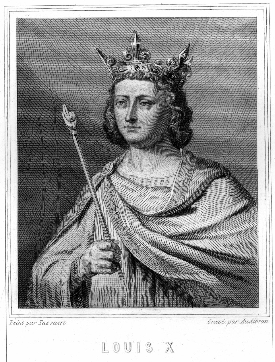 Lajos X le Hutin (1289 - 1316), francia király portréja - Lavallée „Histoire des Français” című művében, metszet, sd. alkotó: Unknown artist