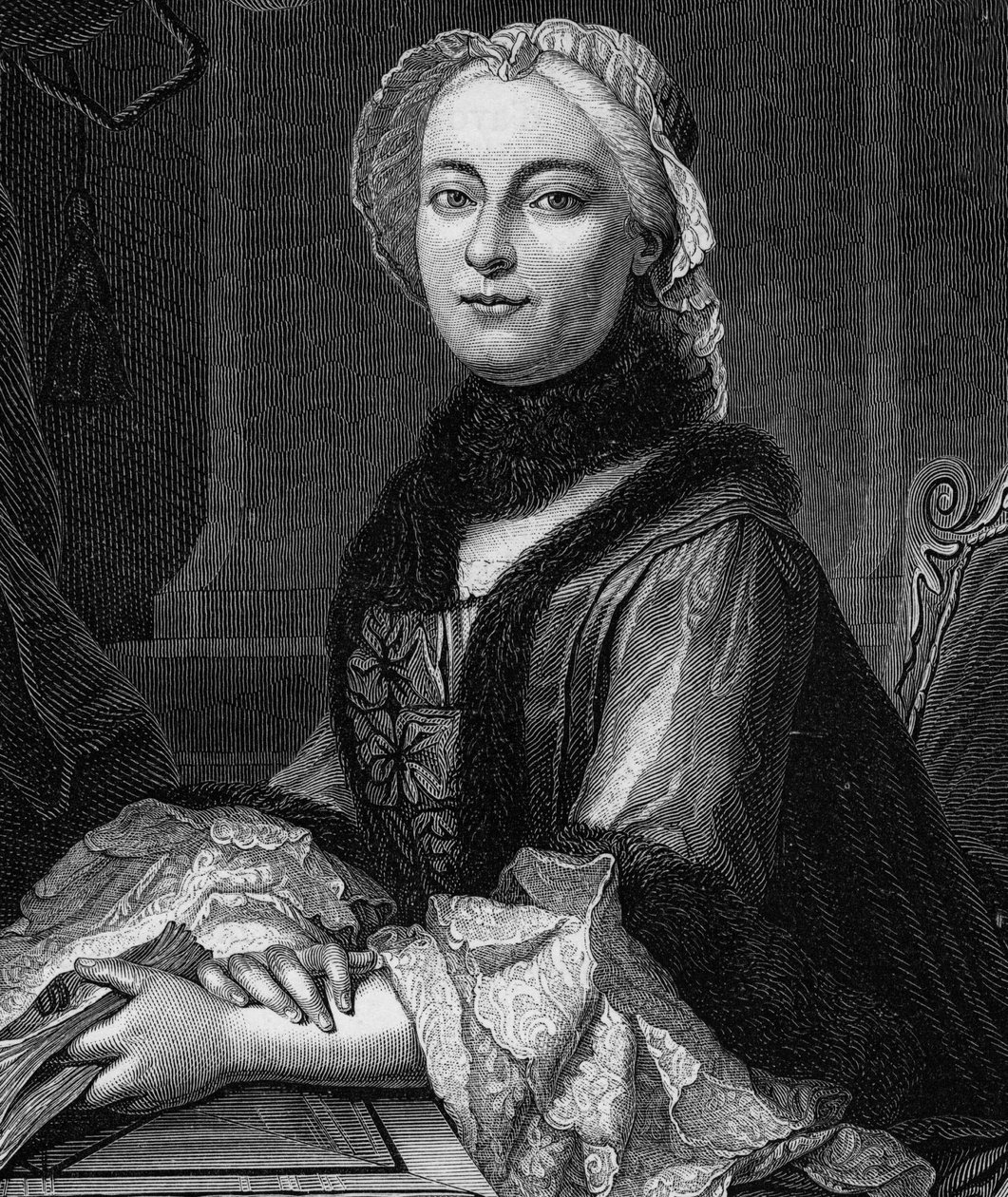 Madame Geoffrin portréja, szül. Marie Therese (Marie-Therese) Rodet (1699-1777) – 1862-es metszet első íróink „A világ királynői” című könyvében, Jean Germain Desire Armandaud irányítása alatt megjelent könyv alkotó: Unknown artist