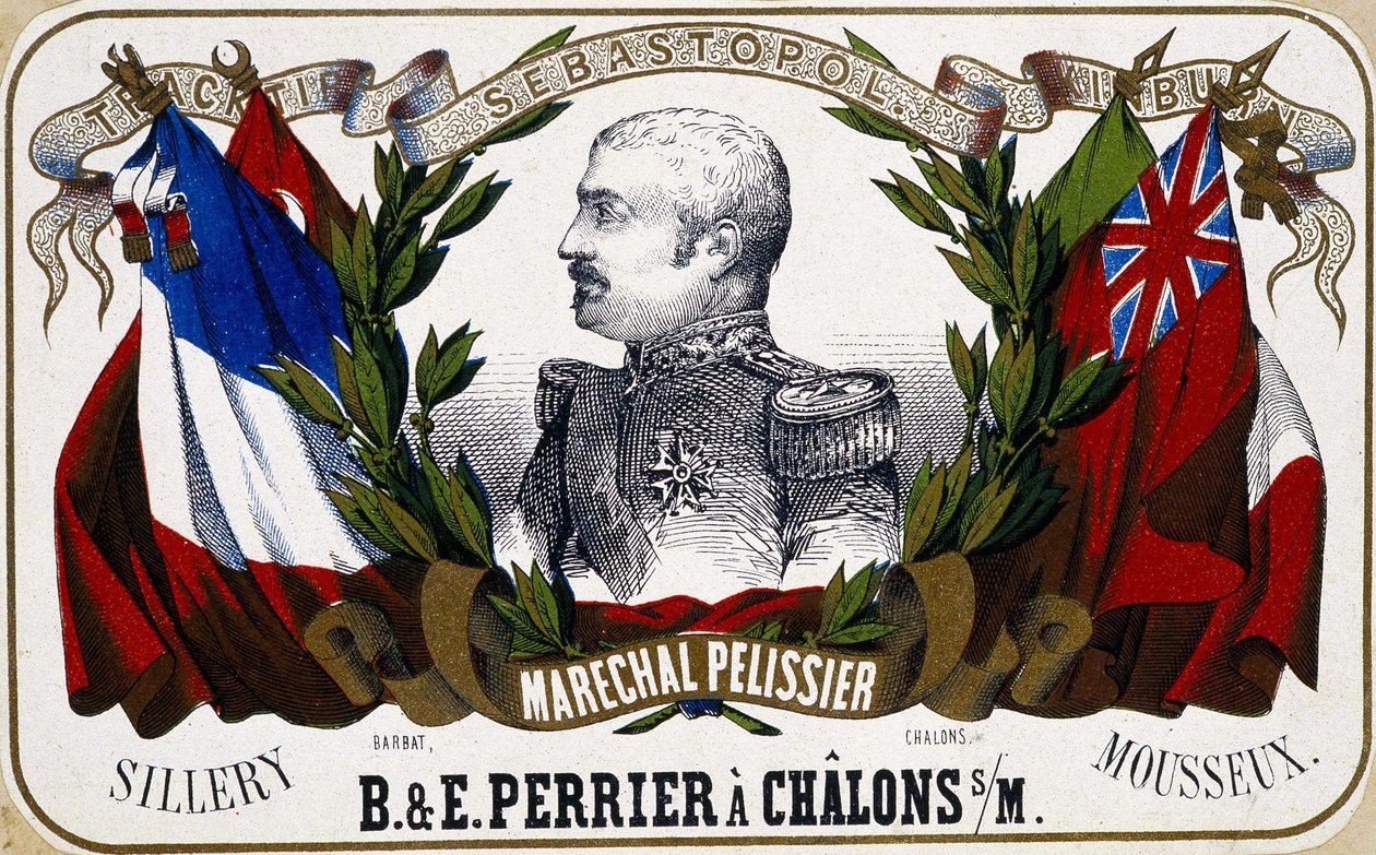 Maréchal Pelissier portréja „”B. & E. Perrier à Chalôns sur Marne” pezsgőcímkén”, sd. 19. század. alkotó: Unknown artist