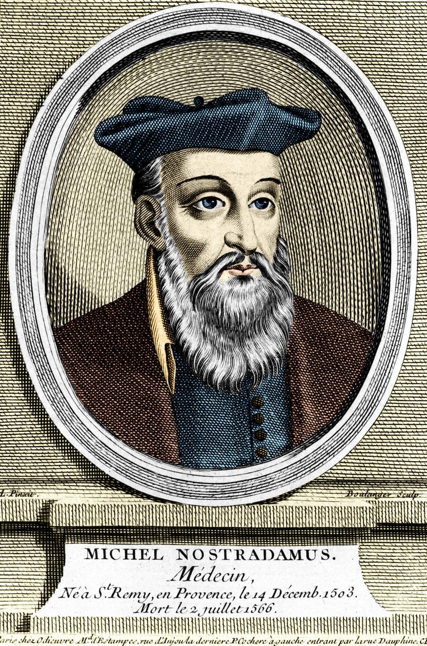Michel Nostradamus orvos és asztrológus portréja nem volt Saint Remy de Provence-ban (Saint-Remy-de-Provence) 1503.12.14-én, és 1566.07.02-án halt meg. 17. századi metszet. alkotó: Unknown artist