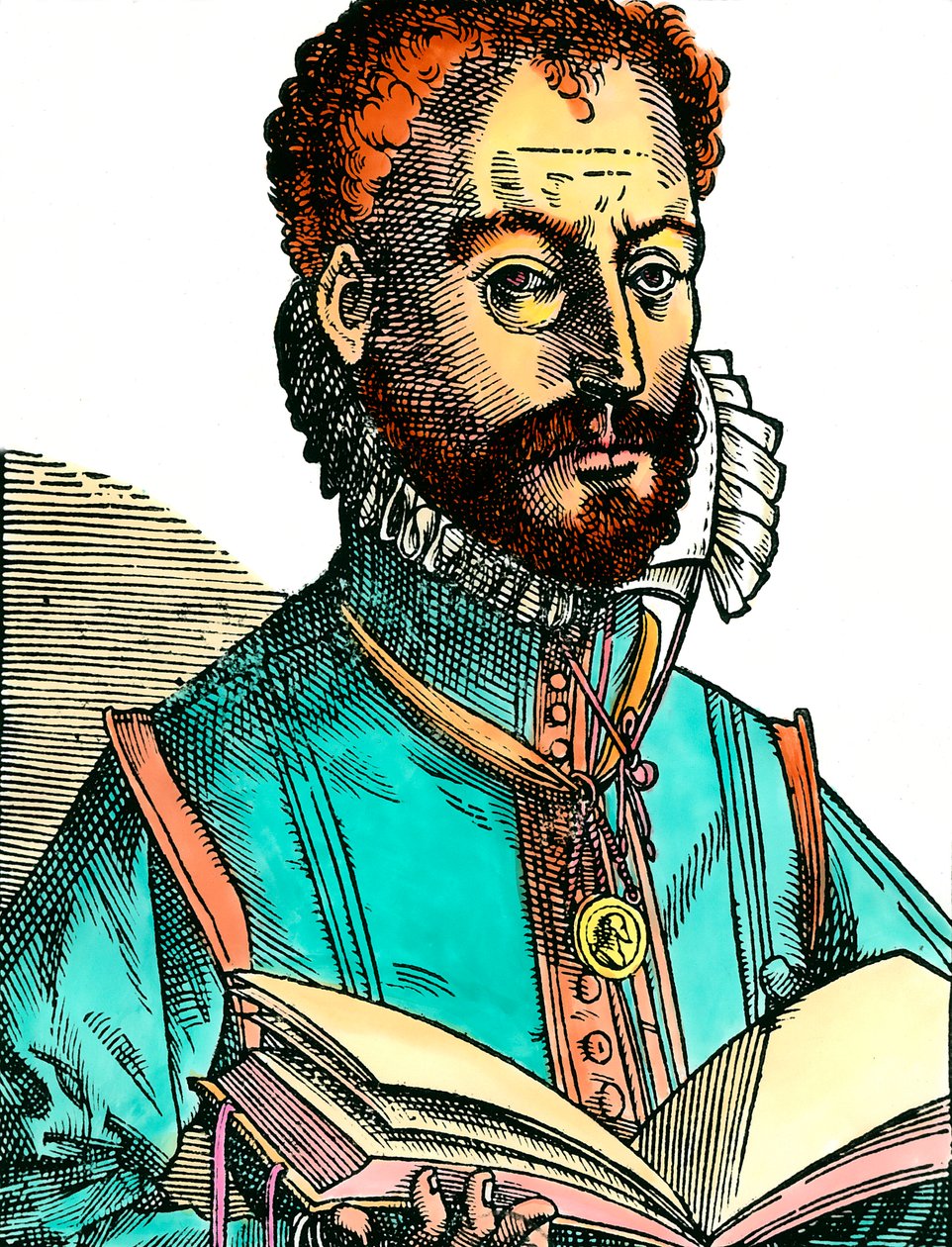 Orlandus Lassus (1531-1594), a francia-belga iskola zenészének portréja nyitott könyvet tart kezében (fehér lapok). századi metszet. Coll. Na gyere. alkotó: Unknown artist