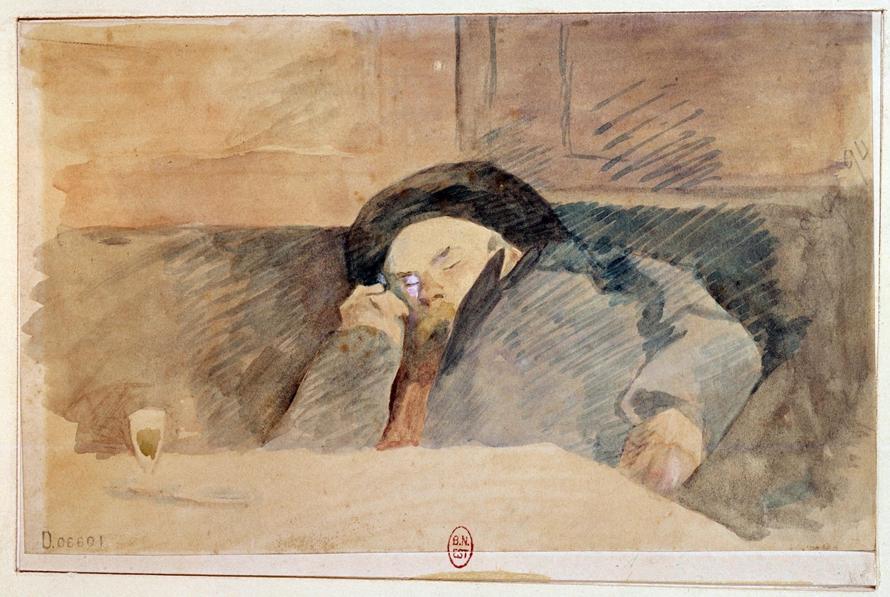 Paul Verlaine (1844-1896) francia költő portréja a párizsi Procope kávézóban alszik. századi akvarell. Paris, B. N. alkotó: Unknown artist