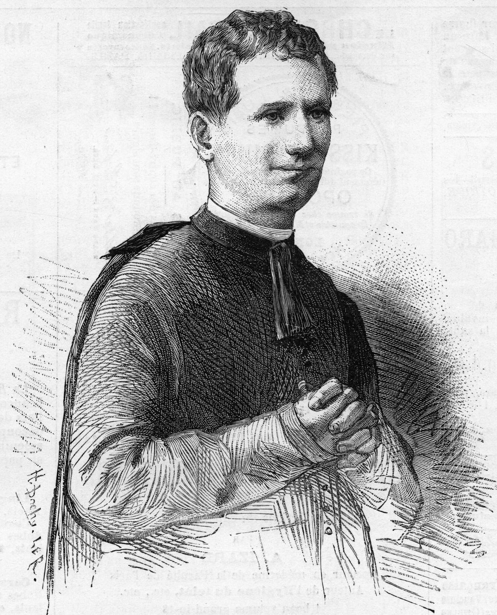 Pere Dom Bosco portréja, a jeles olasz egyházi személy, aki a 19. századi Európa szerte ismert szent cselekedeteiről. 1888-ban határozták meg. alkotó: Unknown artist