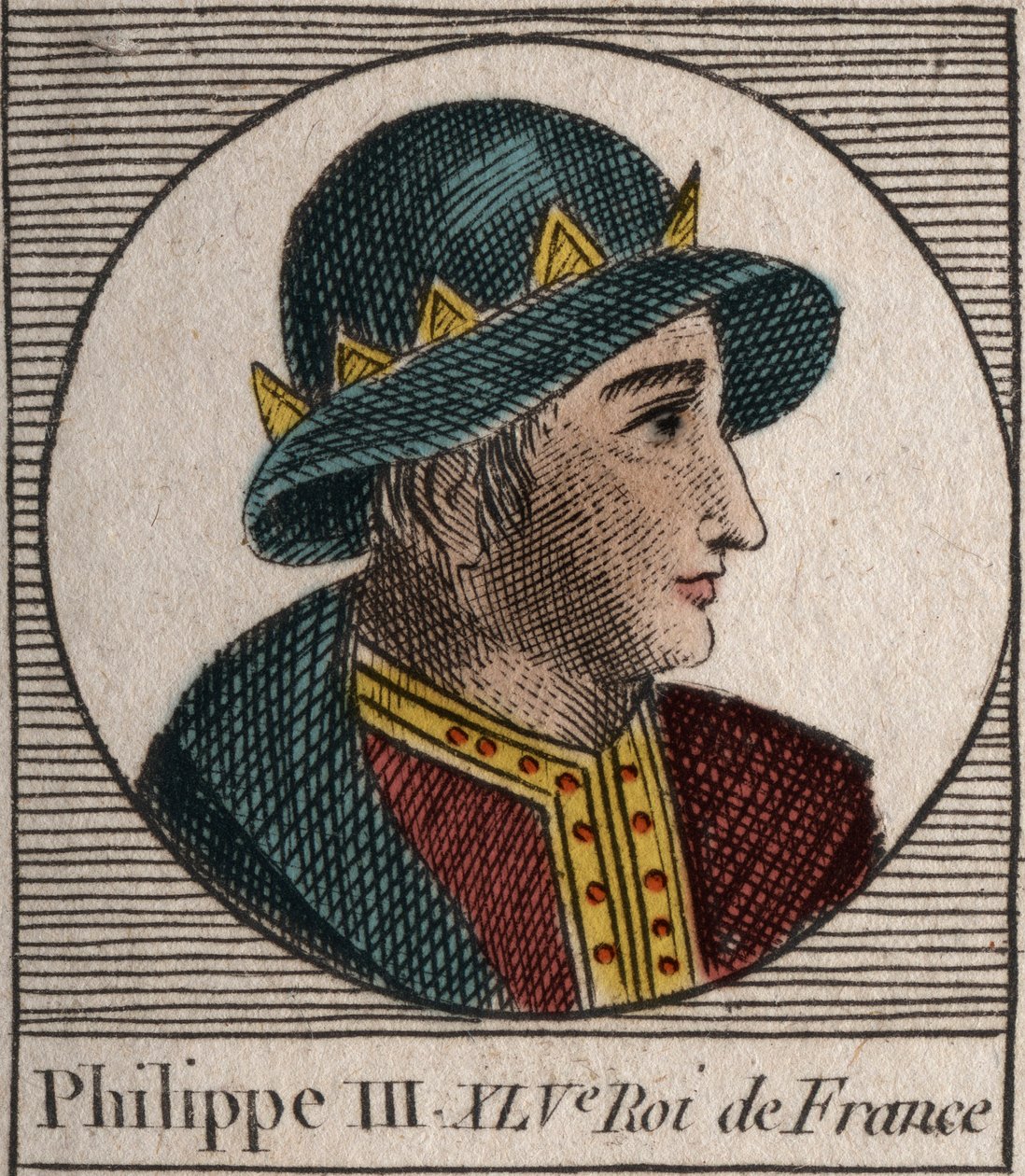 III. Fülöp francia portréja, dit Philippe le Hardi (1245-1285) (a Kapetusok dinasztiája) – III. Fülöp, akit Franciaország merész királyának neveztek – metszet az „Instruction sur l