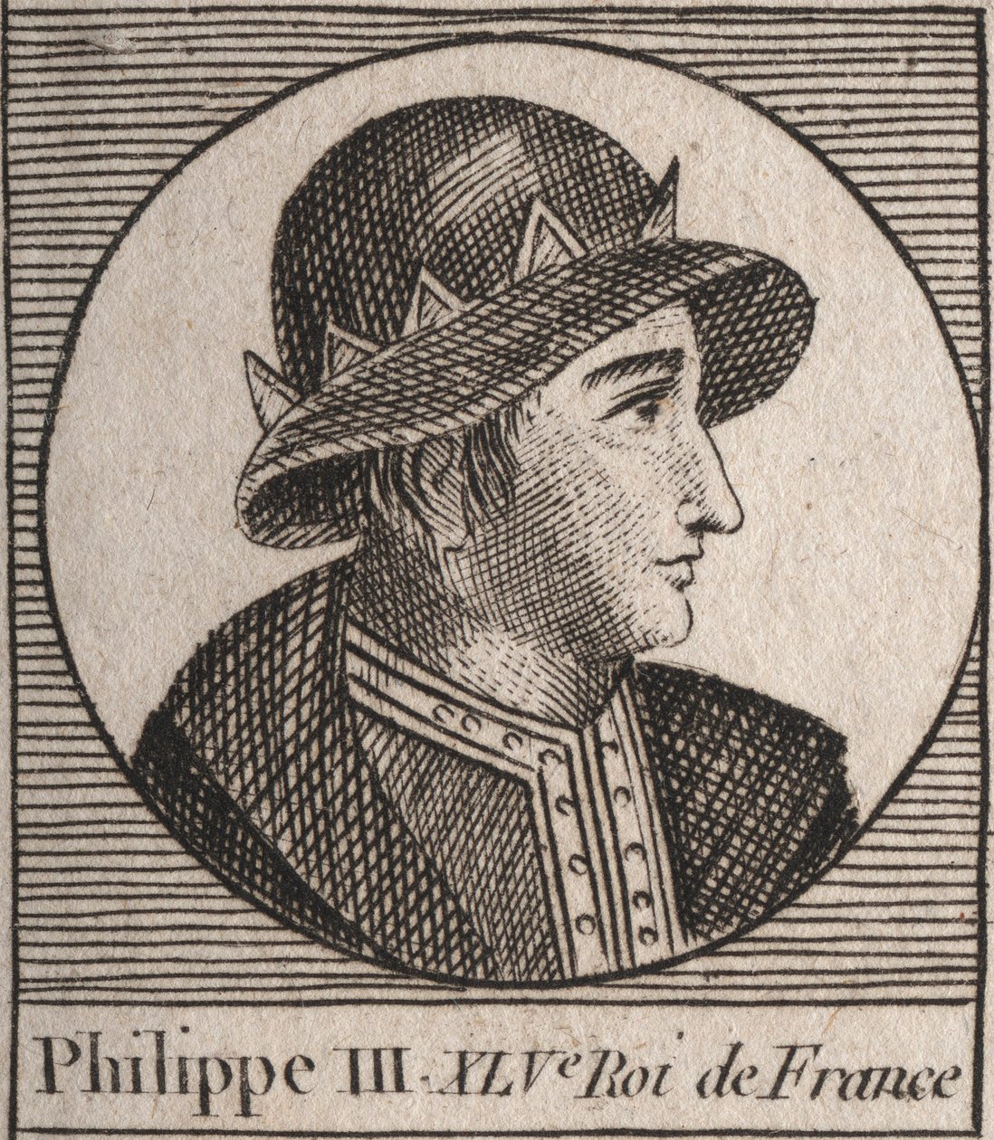 III. Fülöp francia portréja, dit Philippe le Hardi (1245-1285) (a Kapetusok dinasztiája) – III. Fülöp, akit Franciaország merész királyának neveztek – metszet az „Instruction sur l