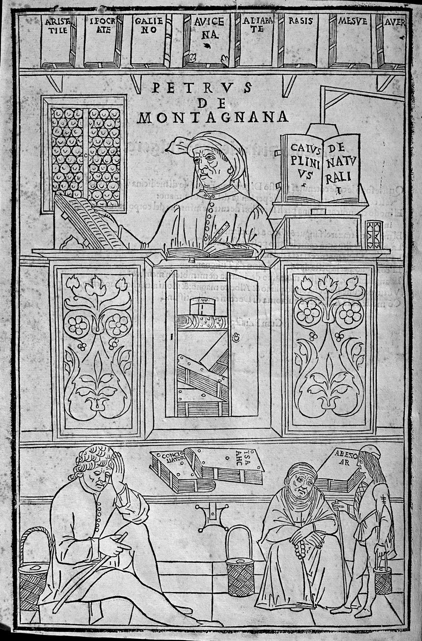 Portré Pietro da Montagnanáról, egy padovai orvostanárról, görög és arab orvosi könyvekkel körülvéve, és három, vizeletvizsgálatra váró páciensről. alkotó: Unknown artist