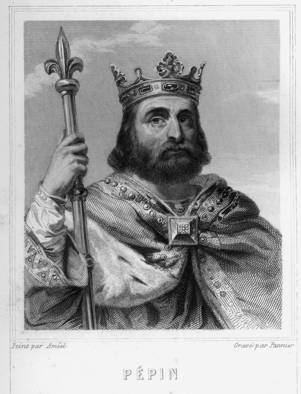 Pépin le Brief (v. 714 - 768), a frankok királyának, a Karolingok közül elsőnek portréja - Lavallée „Histoire des Français”-jában, metszet, sd. alkotó: Unknown artist