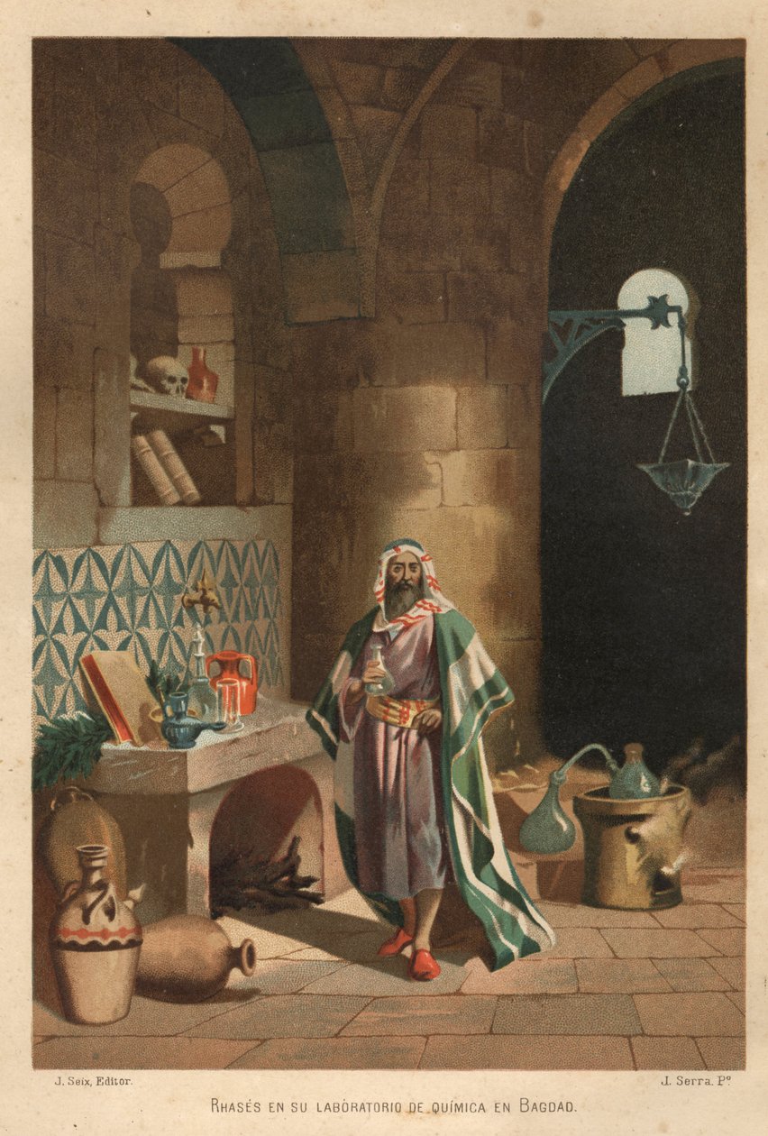 Rhases (Rhazes, Razi, Al-Razi, Razis vagy Rases) (840-923) perzsa tudós portréja bagdadi laboratóriumában. Barcelona 1881 alkotó: Unknown artist