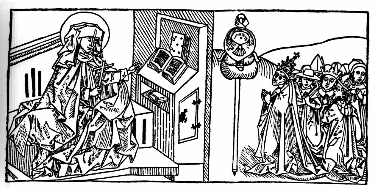 Svédországi Szent Brigitte (1103 - 1373) portréja. A Voragine-i Jacobus (James) (1228-1298) metszete a „Leben der Heiligen - sommerteil”-ből (A szent könyve). Lübeck 1488. alkotó: Unknown artist