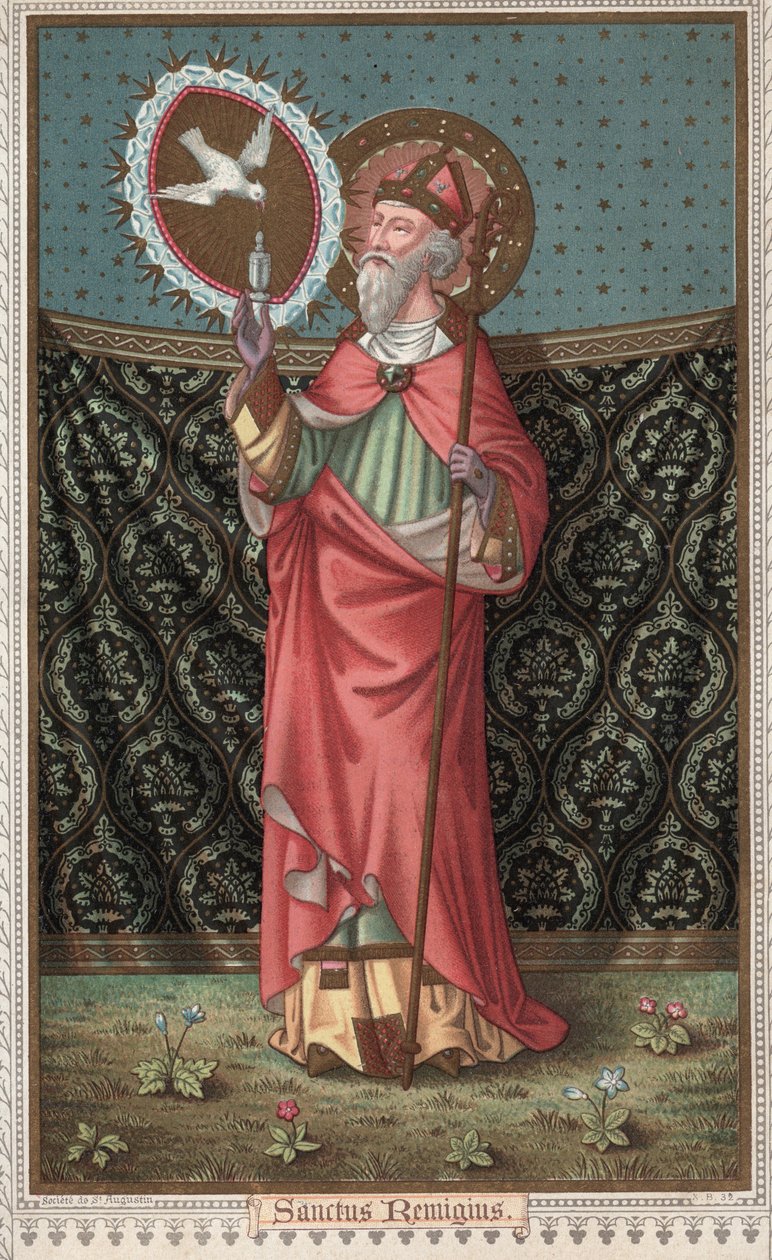 Szent Remi (437-533) portréja (Szent Remigius, Remy Remigio) a Szentlélek galambja (Szentlélek) látogatása. A 19. század végének kromolitográfiája. alkotó: Unknown artist