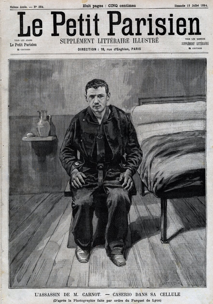 Sante Caserio (1873-1894) olasz anarchista, Sadi Carnot bérgyilkosának portréja börtönben. Metszet a „Le Parisien”-ben alkotó: Unknown artist