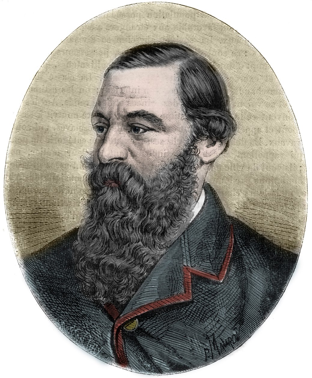 Sir Samuel Baker (1821-1893) portréja a „Picturesque Histoire des grands voyages au 19. századi” című metszetből. 1877 alkotó: Unknown artist