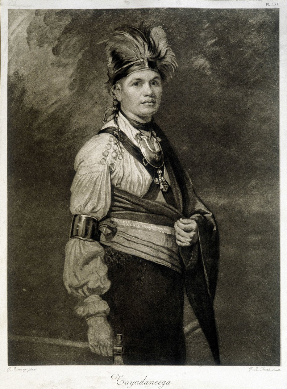 Tayadaneega (vagy Thayendanega), a mohawk törzs (észak-amerikai indián csoport, az Irokéz Föderáció tagja) vezetőjének portréja. alkotó: Unknown artist