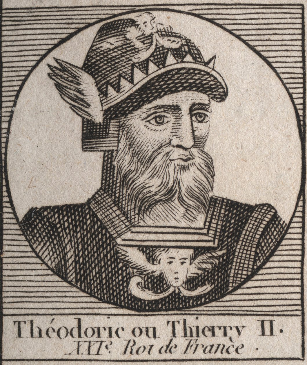 II. Thierry (587-613) portréja, az ausztráliai és burgundi frankok királya 595-től 613-ig – II. THIERRY (Theuderic vagy Theuderich, Theoderic vagy Theodoric II) Burgundia és Ausztrália királya – metszet az „Instruction sur l