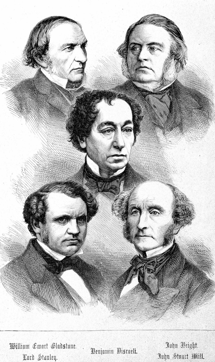 William Ewart Gladstone, John Bright, Lord Stanley, John Stuart Mill és Benjamin Disraeli portréja – a The Contemporains című filmben. század vége. alkotó: Unknown artist