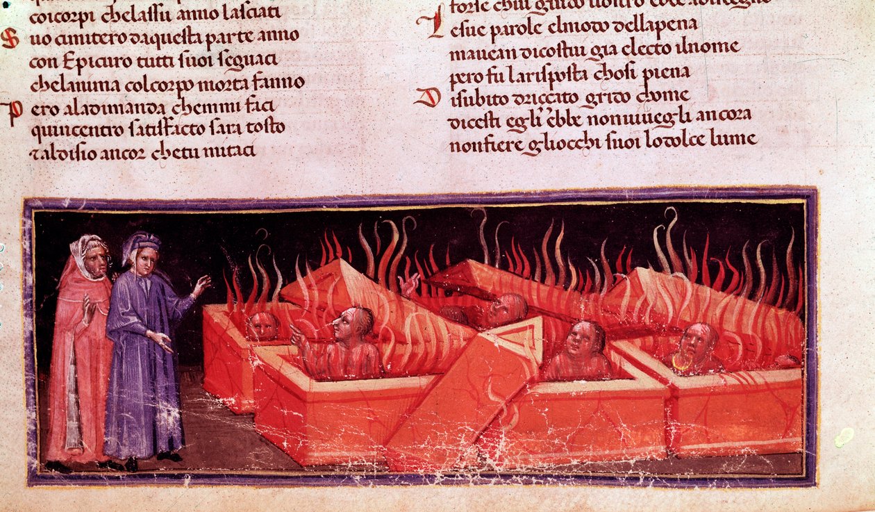 Dante Alighieri olasz költő portréja Vergilius eretnekek között (X. dala a pokolról, az Isteni színjátékban) - Miniatűr alkotó: Unknown artist