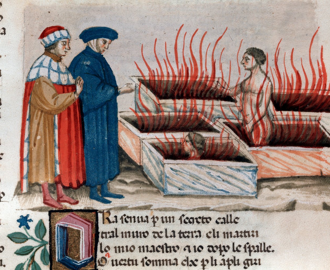 Dante Alighieri olasz költő portréja Vergiliussal az eretnekek között, mint Farinata degli Uberti (10. ének a pokolból, az Isteni színjátékban) - miniatűr XV. alkotó: Unknown artist