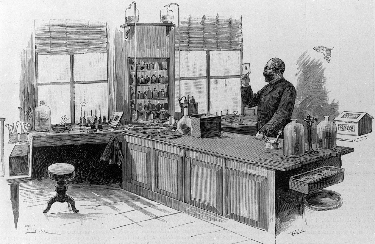 Robert Koch (1843-1910) német orvos portréja a laboratóriumában. alkotó: Unknown artist