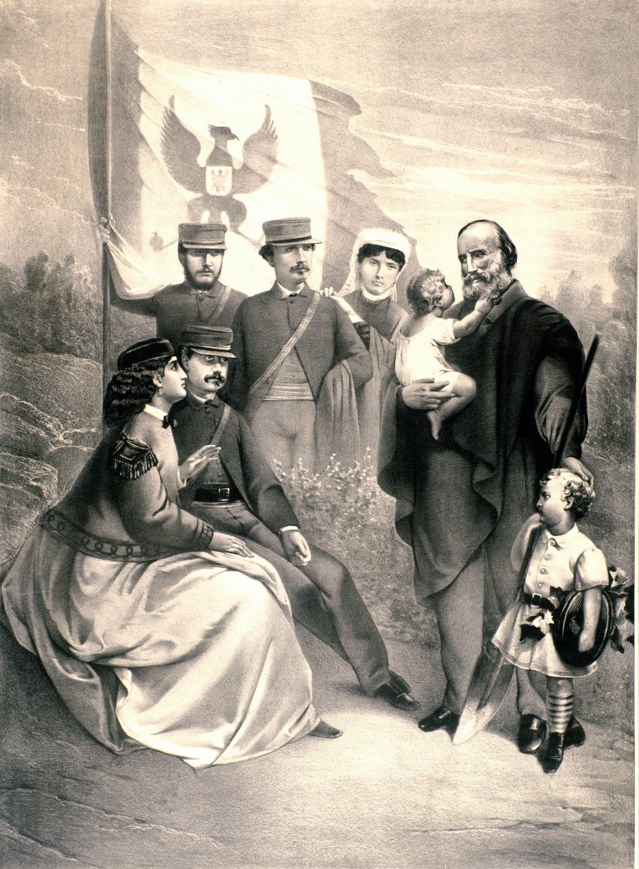 Az olasz hazafi és a Risorgimento hőseinek portréja, Giuseppe Garibaldi (1807-1882) körülveszi gyermekeit, Menottit, Ricciottit és Teresitát, Francesca Armosinót és a kis Manliot és Cleliát. Illusztráció 1870 körül. Magángyűjtemény alkotó: Unknown artist