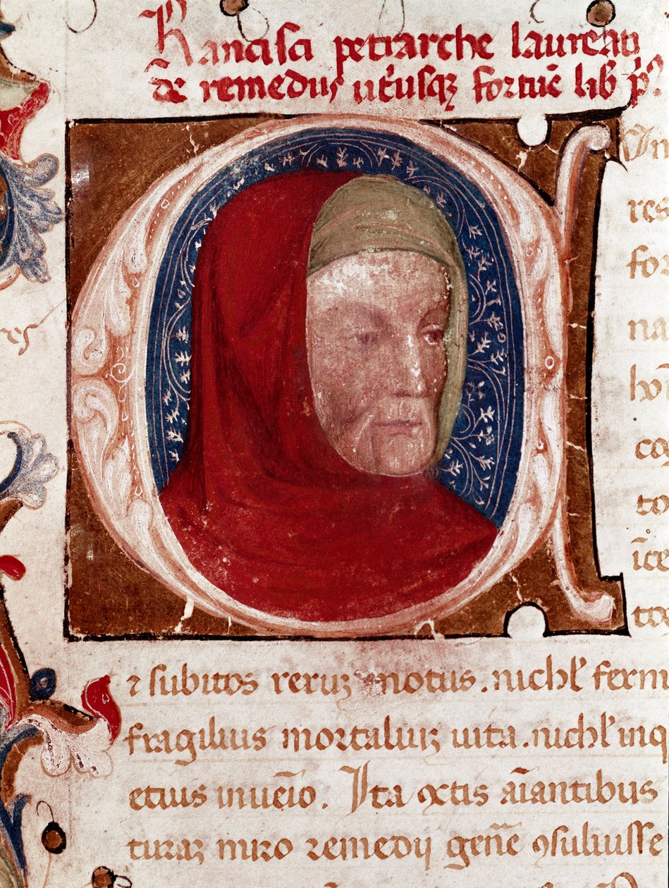 Francesco Petrarca (Petrarque) olasz költő portréja (1304-1374) Részlet. Az oldal Petrarch "Les remedes aux deux fortunes" (De remediis Utriusque Fortunae) kéziratából származik. 1360-1366 Velence, Biblioteca marciana alkotó: Unknown artist