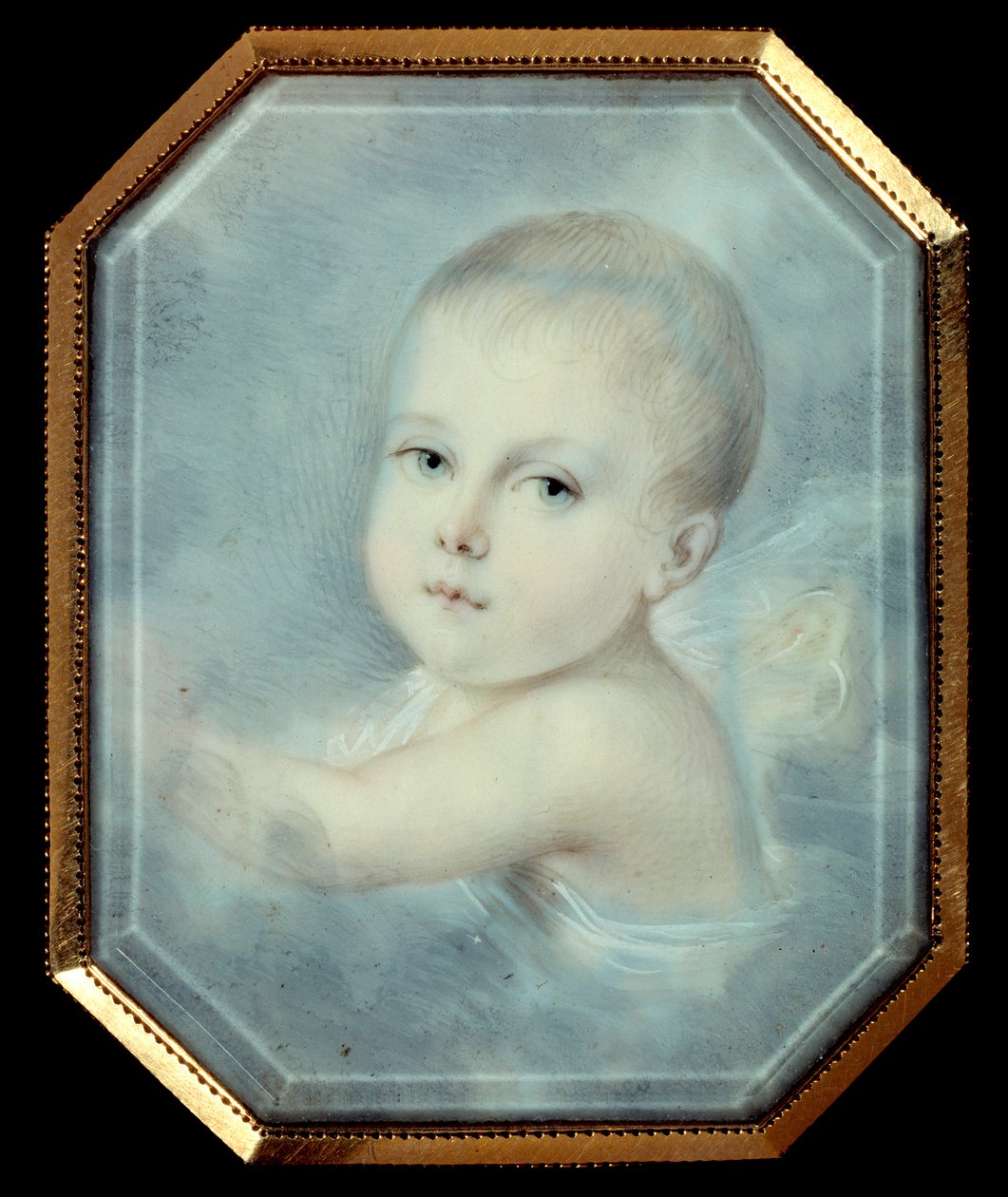 Bebe római király (1811-1832), I. Napóleon császár (1769-1821) és leendő II. Napóleon fiának portréja. századi névtelen nyolcszögű medalion. Akvarell üveg alatt. Párizs, Musee De La Legion d