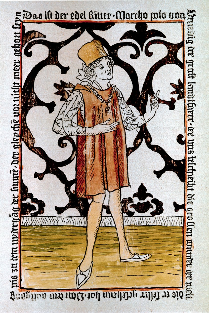 Marco Polo (1254-1324) velencei felfedező portréja Az Il Milione: A csodák könyve első kiadásának előképe ("A világ pénzneme") Nürnberg alkotó: Unknown artist
