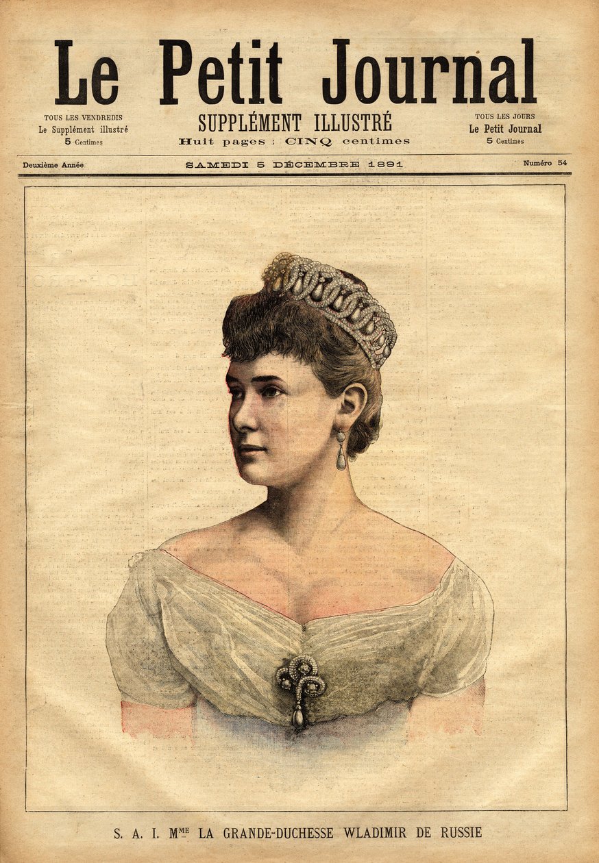 Vlagyimir orosz nagyhercegnő, 1854-ben született, Mária mecklenburg-schwerini (Mecklenburg Schwerin) hercegnő portréja, aki 1874-ben ment feleségül a cár öccséhez, Vlagyimir Alekszandrovics Romanov nagyherceghez (1847-1909). Metszet „” Le peti alkotó: Unknown artist