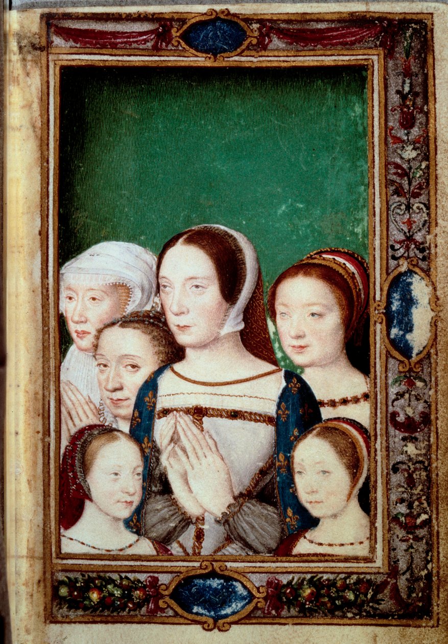 I. Ferenc lányának és két feleségének portréi. Lányok: Louise (1515-1517). Charlotte (1516-1524), Madeleine (1520-1537), Marguerite (1523-1574). Francia Claude (1499-1524) és Habsburg Eleonóra (1498-1558). Miniatűr a „” Book of ho alkotó: Unknown artist