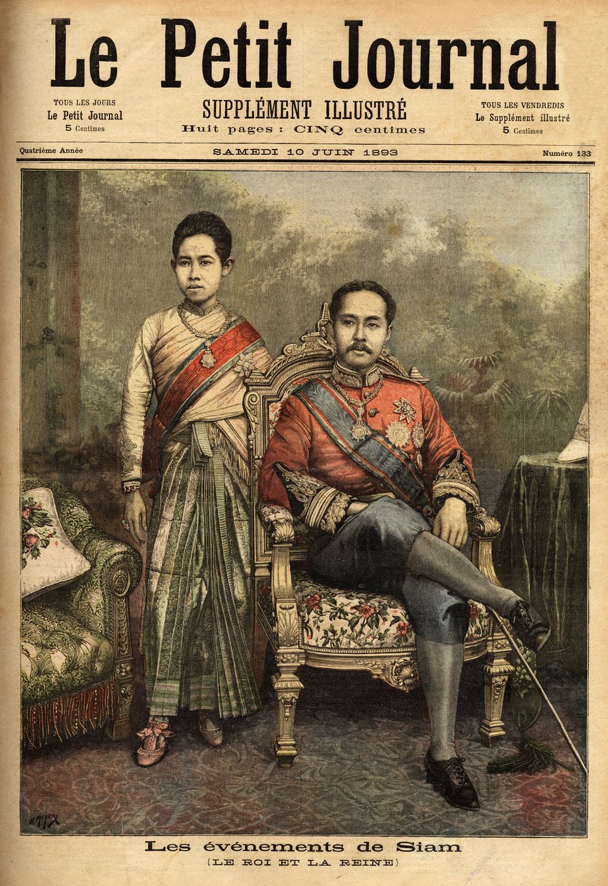 Sziám királyának, V. Rama vagy Chulalongkornnak (1853-1910), Thaiföld modern uralkodójának és reformerének portréi, 1893-ban átengedte területének egy részét Kambodzsától és Laosztól Franciaországnak. Ezen a portrén 36 hivatalos felesége egyike kíséri. En alkotó: Unknown artist