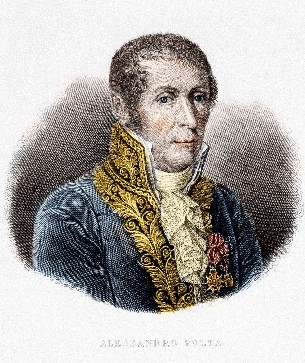 Alessandro (Alexandre) Volta portréja (1745 - 1827). Olasz fizikus, az elektromos akkumulátor feltalálója. 19. századi metszet alkotó: Unknown artist